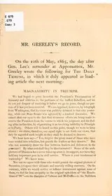 Cover of Mr. Greeley's record on the question of amnesty and reconstruction, from the hour of Gen. Lee's surrender
