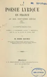 Cover of La poésie lyrique en France au dix-neuvième siècle