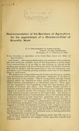 Cover of Recommendation of Secretary of Agriculture for the appointment of Director-in-chief of scientific work