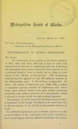 Cover of Report on the deoderisation of sewer emanations by means of sulphurous acid, &c. With appendix, containing letter from engineer, and list of the sewer ventilations in which acids are used