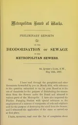 Cover of Preliminary reports... 1. On the deoderisation of sewage in the metropolitan sewers 2. on the deoderisation of sewage at the outfalls
