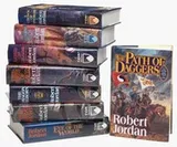 Cover of The Wheel of Time: Eye of the World, the Great Hunt, Dragon Reborn, Shadow Rising, Fires of Heaven, Lord of Chaos, Crown of Swords, and Path of Daggers