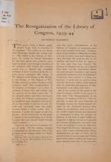 Cover of The reorganization of the Library of Congress, 1939-44