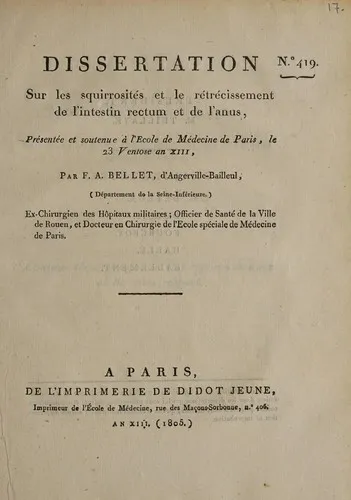 Cover of Dissertation sur les squirrosités, et le rétrécissement de l’intestin rectum et de l’anus, ...