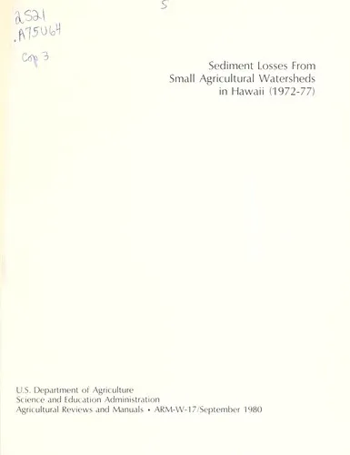 Cover of Sediment Losses from Small Agricultural Watersheds in Hawaii (1972-77)